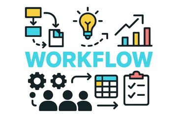 Poster - Modern vector illustration depicting a workflow with charts, gears, and teamwork elements to represent organizational processes