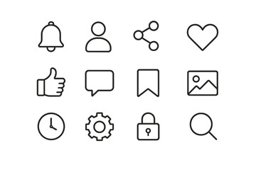 Poster - Modern vector illustration of various social media icons including notifications, user profiles, and engagement symbols in a simple design