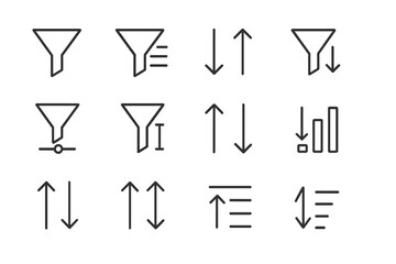 Poster - Vector illustration featuring modern icons of funnel shapes, arrows, and bars representing data flow and analysis in a minimalist design