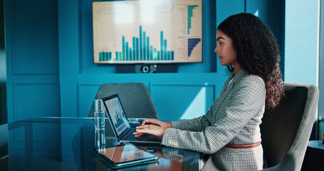 Poster - Business, woman and graph on laptop in office for finance review, data analysis and charts of growth. Female accountant, online and typing for financial report, profit statistics and company increase