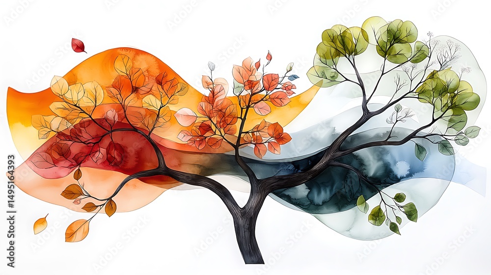 there is a picture of a painting of a tree with leaves on it Stock ...