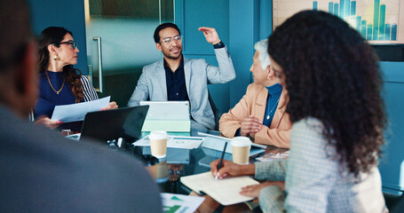 Aufkleber - Business people, meeting and discussion with documents for statistics, analytics or growth at office. Group, employees or team with ideas for corporate expansion, profit or development at workplace