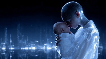 Poster - A futuristic scene depicting a humanoid figure embracing a newborn. The serene connection between the two forms tells a story of love, hope, and innovation. 