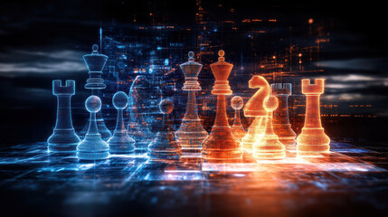 Fototapete - Surreal depiction of glowing chess pieces representing businesses in digital landscape, showcasing strategy and competition in vibrant, futuristic setting