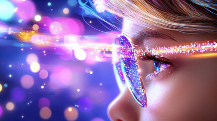 Poster - Close up of person eye wearing stylish sunglasses, reflecting vibrant colors and sparkling lights, creating dreamy and artistic atmosphere. image captures sense of wonder and creativity