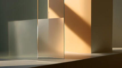 Aufkleber - Abstract composition of light and frosted panels, creating a soft, geometric interplay of shadows and warm tones. Minimalist design.
