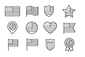 Poster - Modern vector illustrations of United States flag symbols in various shapes and styles for creative design use