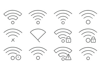 Poster - Modern vector illustrations of various Wi-Fi icons depicting signal strength, connectivity status, and security features for digital interfaces