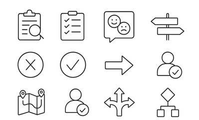 Poster - Modern vector illustration featuring various icons representing planning, decision making, and user interaction in a minimalistic style
