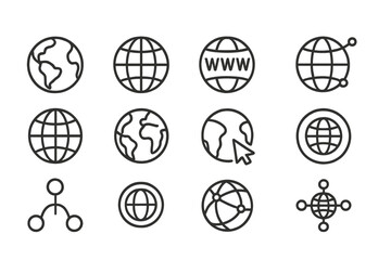 Poster - Multiple vector illustrations of globes, internet symbols, and network icons depicting global connectivity and digital communication