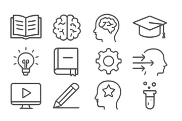 Poster - Modern vector illustrations of education, creativity, and innovation concepts featuring books, brains, and gears