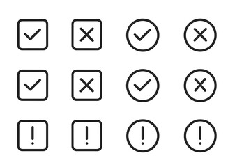 Fototapete - Modern vector illustration featuring check marks, cross marks, and exclamation points in a grid layout for user interface designs