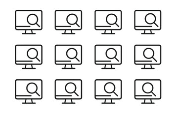 Fototapete - Modern vector illustration of multiple computer screens displaying a search icon, emphasizing technology and data exploration in a digital landscape