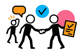 Poster - Business collaboration and agreement process represented in a modern vector illustration with diverse characters engaging in dialogue