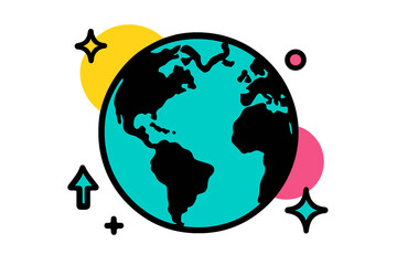Poster - Modern vector illustration of the Earth highlighting continents with colorful geometric shapes in the background for a vibrant design aesthetic