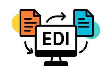 Poster - Vector illustration showcasing electronic data interchange concept with documents and a computer in a modern design