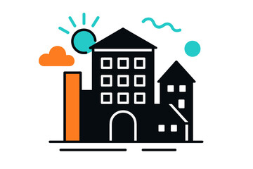 Poster - Modern vector illustration of a contemporary cityscape with buildings, sun, and clouds in a vibrant color palette