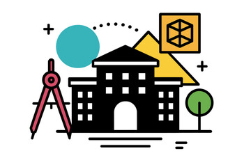 Poster - Modern vector illustration of an architectural design concept showcasing a building with geometric elements and tools