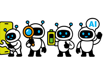 Poster - Modern vector illustration of friendly robots engaging in technology-related tasks in a cheerful and colorful environment