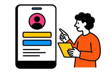 Poster - Modern vector illustration of a person interacting with a mobile app interface on a smartphone display