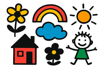 Poster - Bright and cheerful vector illustration featuring a sunny landscape with flowers, a rainbow, and a happy child playing outside