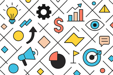 Poster - Modern vector illustration depicting various business concepts and icons, including light bulbs, graphs, and gears in a dynamic arrangement