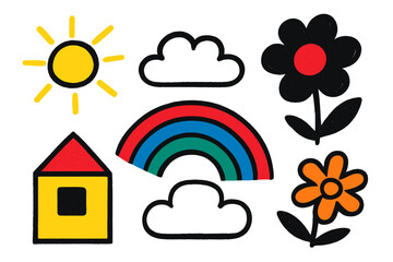 Poster - Colorful modern vector illustration featuring sunshine, clouds, flowers, a house, and a rainbow in a playful and whimsical design for children's decor