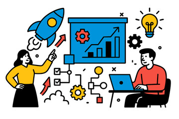 Aufkleber - Business growth strategy development with modern vector illustration of team collaboration and creative problem solving