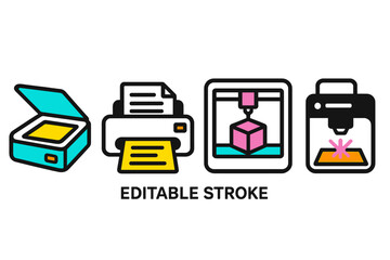 Poster - Modern vector illustration showcasing a sequence of office and production technologies for printing and prototyping