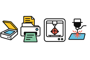 Poster - Modern vector illustration of various printing and scanning technologies used in an office environment
