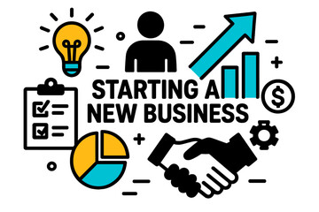 Aufkleber - Starting a new business concept with illustrations of charts, hands shaking, and light bulb ideas for entrepreneurs