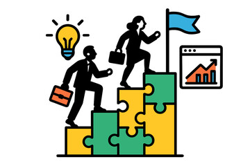 Poster - Business professionals climbing puzzle stairs towards success with ideas and growth metrics in a modern vector illustration