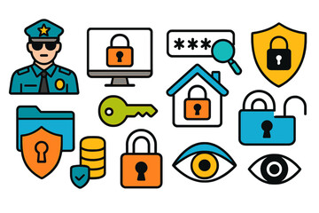 Poster - Security symbols and icons illustrating modern cybersecurity concepts and protective measures across various environments