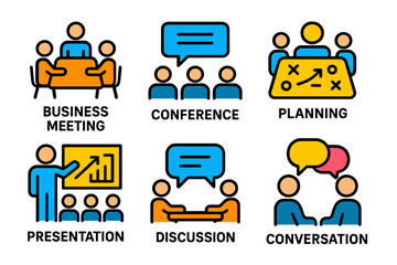 Poster - Modern vector illustrations of business meeting activities including planning, discussion, and presentation in a conference setting