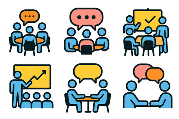 Poster - Vector illustration of diverse groups engaged in meetings and discussions with charts and dialogue bubbles