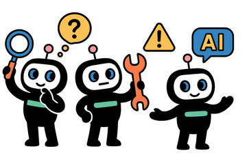 Poster - Three friendly robots engaging in problem-solving and communication around artificial intelligence concepts in a modern vector style