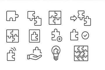 Poster - Creative vector illustration showcasing various puzzle pieces and their interactions in a minimalist style