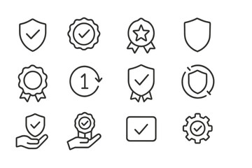 Poster - Modern vector illustrations of badges, shields, and icons representing security, achievement, and verification concepts
