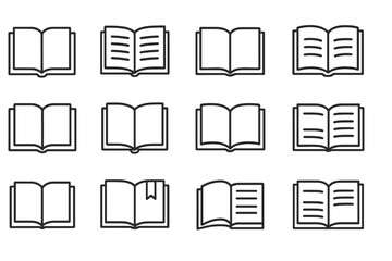 Poster - Collection of modern vector illustrations depicting various open books in different styles and layouts
