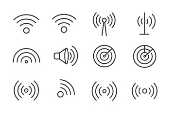 Poster - Modern vector illustrations of wireless signals, auditory symbols, and radar graphics showcasing communication technology concepts