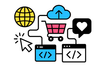 Fototapete - Vector art illustrates various elements of online shopping and digital interaction