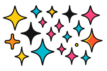 Poster - Colorful vector illustration of sparkling stars in various shapes and sizes against a white background