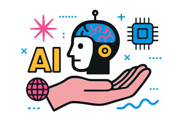 Poster - A hand supports a stylized AI head featuring intricate brain details