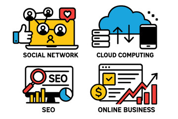 Fototapete - Modern vector illustration showcasing various aspects of digital technology and online business environments in a creative layout