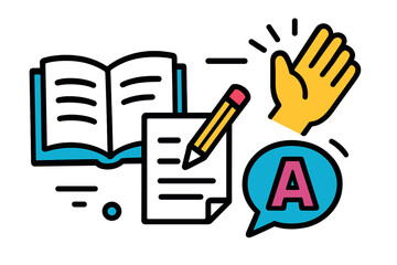 Poster - Modern vector illustration depicting education and communication through writing and gestures in a vibrant learning environment