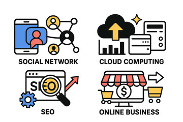 Poster - Modern vector illustration showing concepts of social networking, cloud computing, SEO, and online business in a creative layout