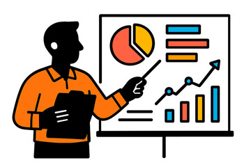 Aufkleber - Professional presentation of business data including charts and graphs by a presenter in a modern vector illustration style
