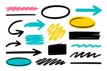 Fototapete - Colorful modern vector illustration of various doodle shapes and arrows on a white background showcasing creative design elements