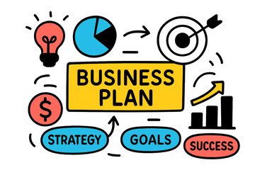 Poster - Visual representation of key elements in a business plan with icons for strategy, goals, and success depicted in modern vector style