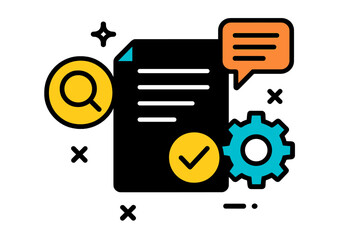 Poster - Modern vector illustration of a document with a magnifying glass, speech bubble, and gear representing analysis and feedback
